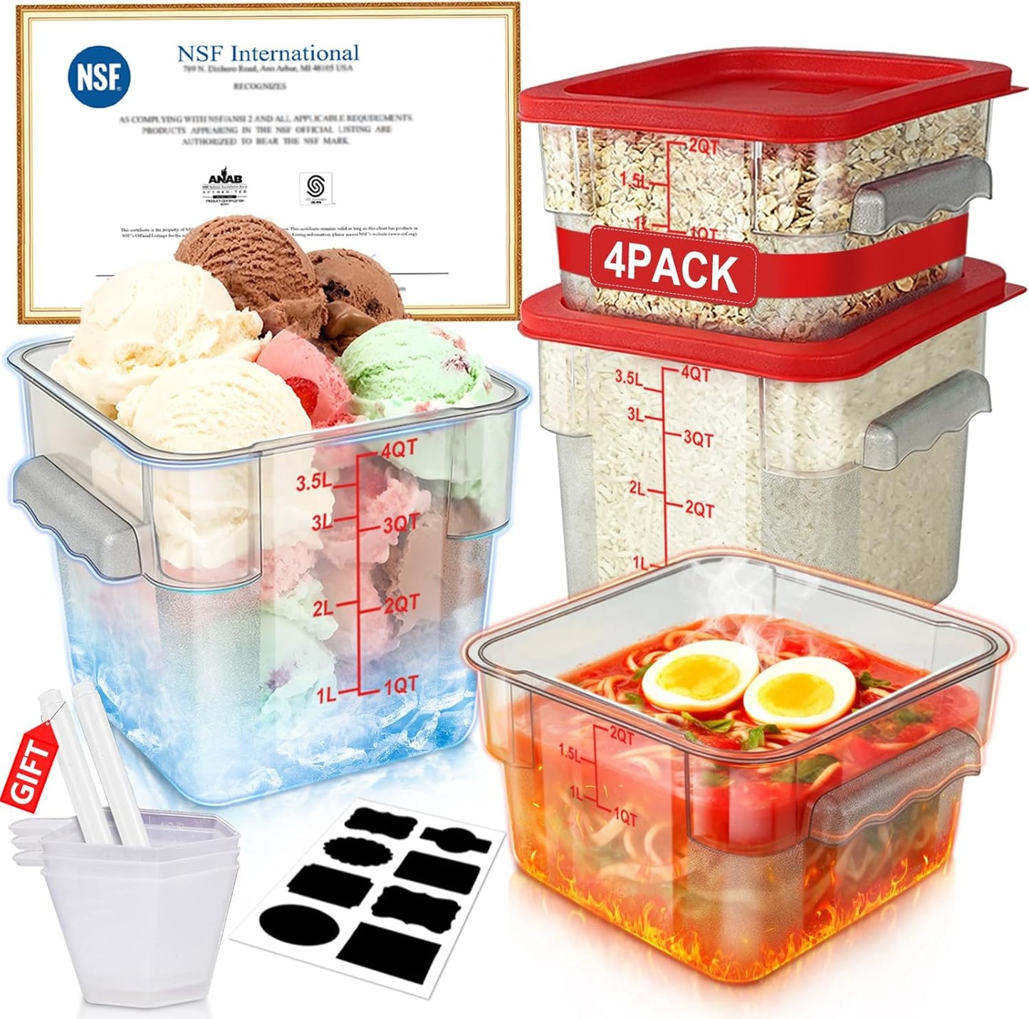 2QT&4QTNSF Food Storage Containers FU-1 (Red, 2.2QT-4.2QT-4PCS)