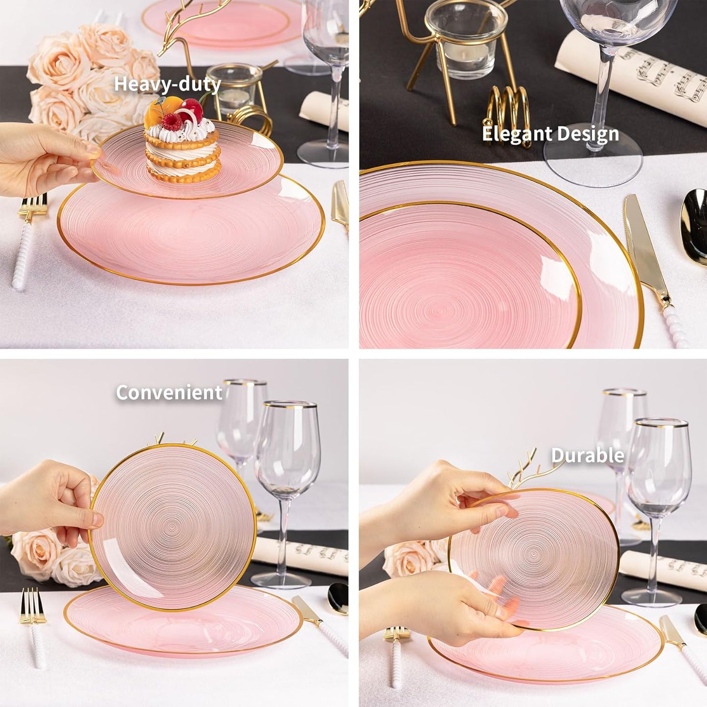 100PCS Pink Plastic Plates-Crystal Design Pink Disposable Plates with Gold Rim, Fancy Disposable Plates Include 50 Dinner Plates, 50 Dessert/Salad Plates for Party & Wedding