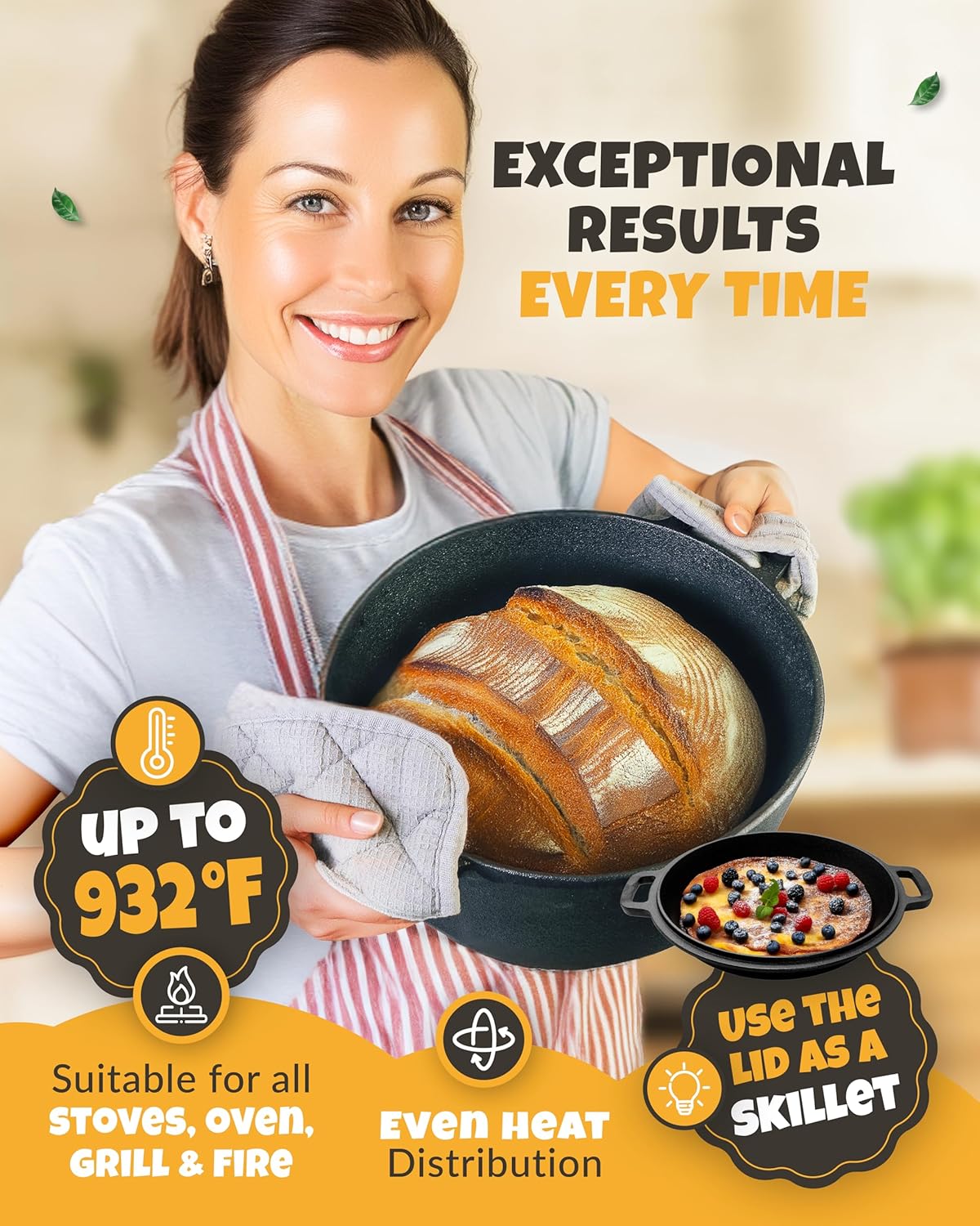 Cast Iron Dutch Oven for Bread Baking - incl. Sourdough Bread-Baking Supplies like Banneton Bread-Proofing Basket - 5QT Bread-Oven with Lid Bread-Making Kit Pan, Pot, Sour Sough Tools, Lame