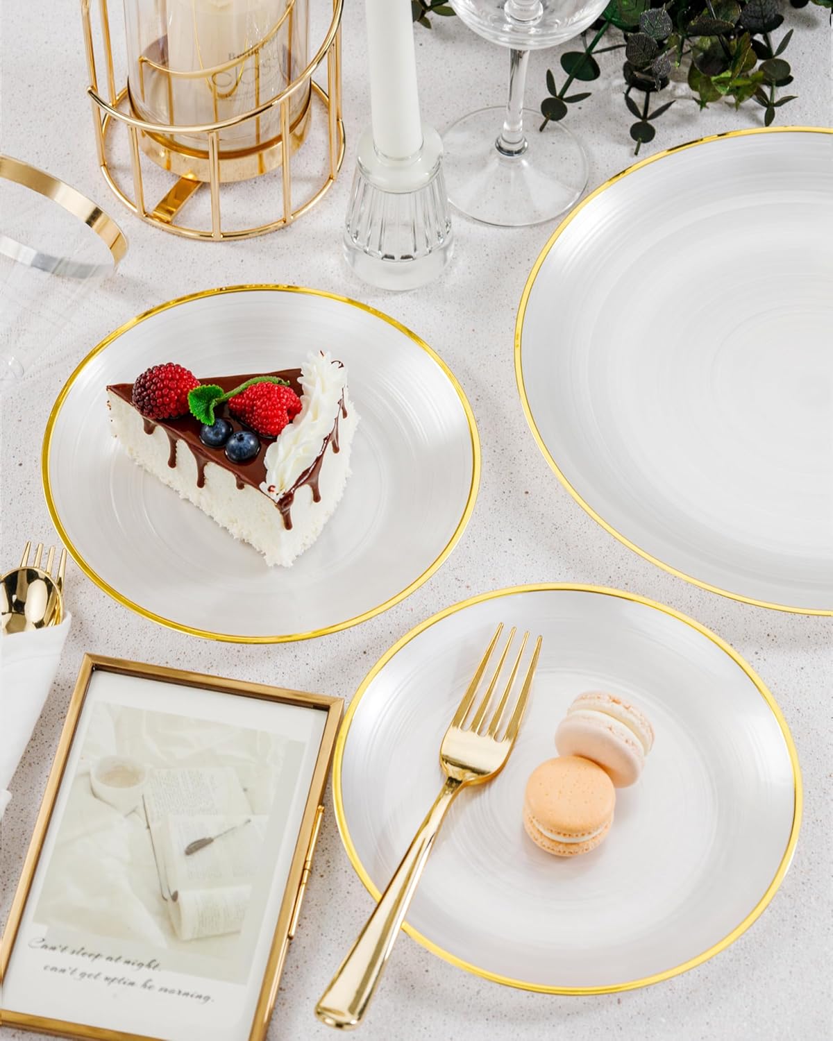 Morejoy 350PCS Pearl White and Gold Plastic Plates - Disposable Gold Party Plates & Pre Rolled Napkins with Cutlery for 50 Guests, 100Plates, 150Silverware, 50Cups, 50Napkin for Party & Thanksgiving