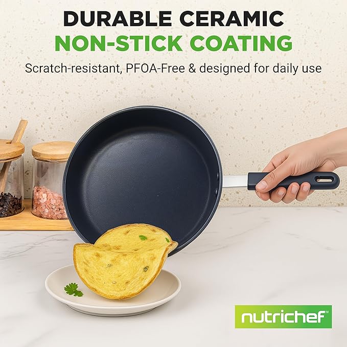 NutriChef 8" Small Fry Pan - Small Skillet Nonstick Frying Pan with Silicone Handle, Ceramic Coating, Blue Silicone Handle, Stain-Resistant, And Easy To Clean, Professional Home Cookware
