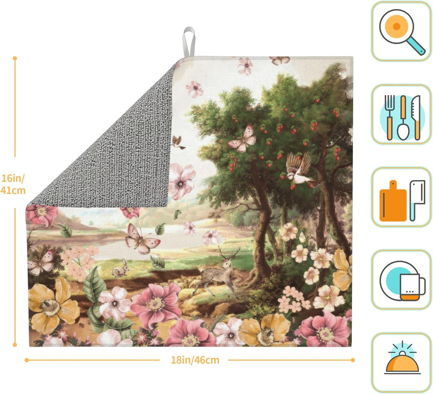 Retro Country Woods Deer Dish Drying Mat 16x18 Inch, Microfiber Absorbent Fast Dry Mat Flowers Butterfly Large Dish Mat Drying Kitchen Mat, Kitchen Drying Pad for Kitchen Counter Coffee Bar Decor
