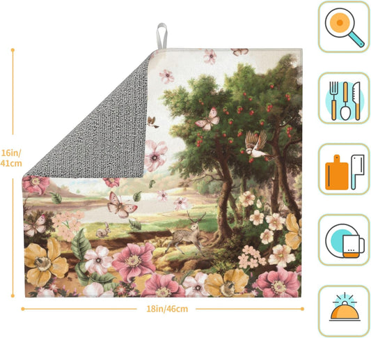Retro Country Woods Deer Dish Drying Mat 16x18 Inch, Microfiber Absorbent Fast Dry Mat Flowers Butterfly Large Dish Mat Drying Kitchen Mat, Kitchen Drying Pad for Kitchen Counter Coffee Bar Decor