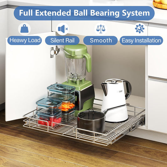 ROOMTEC Pull Out Cabinet Organizer, Slide Out Shelves 31" W x 21" D, Heavy Duty Kitchen Cabinet Organizers, Neutral