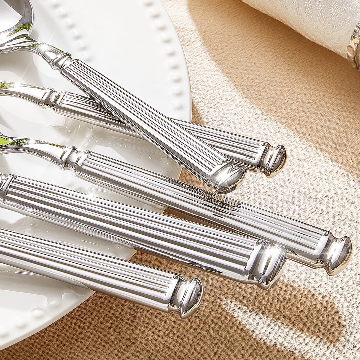 KINGSTONE Silverware Set, 40-Piece 18/10 Stainless Steel Flatware Set - Roman Column Embossed Thick Handle, for Wedding, Home, Restaurant, Kitchen and Party, Mirror Polish & Dishwasher Safe