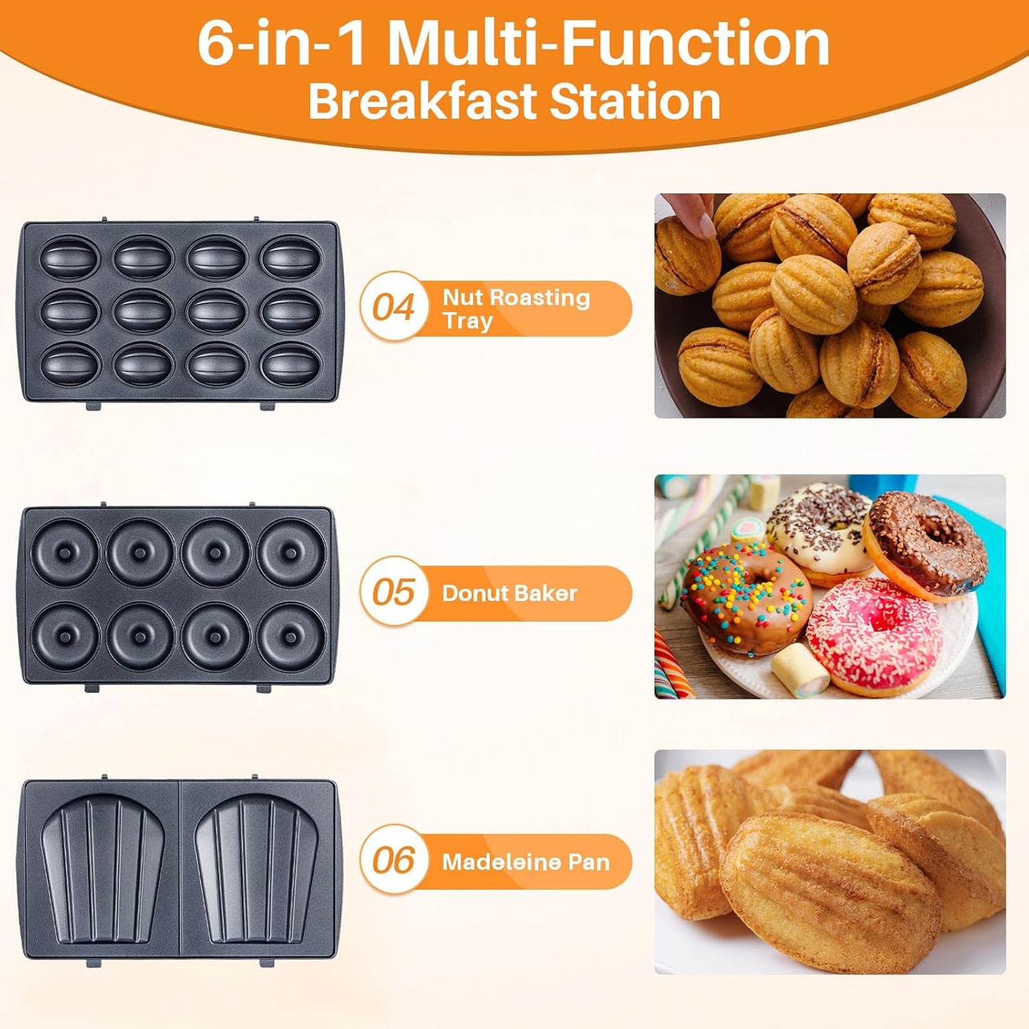 6-in-1 Waffle Maker with Removable Plates, Breakfast Sandwich Press Precise 210°F-450°F/100°C-230°C Control, Easy Clean, Meet Various Needs (6-in-1 Waffle Maker)