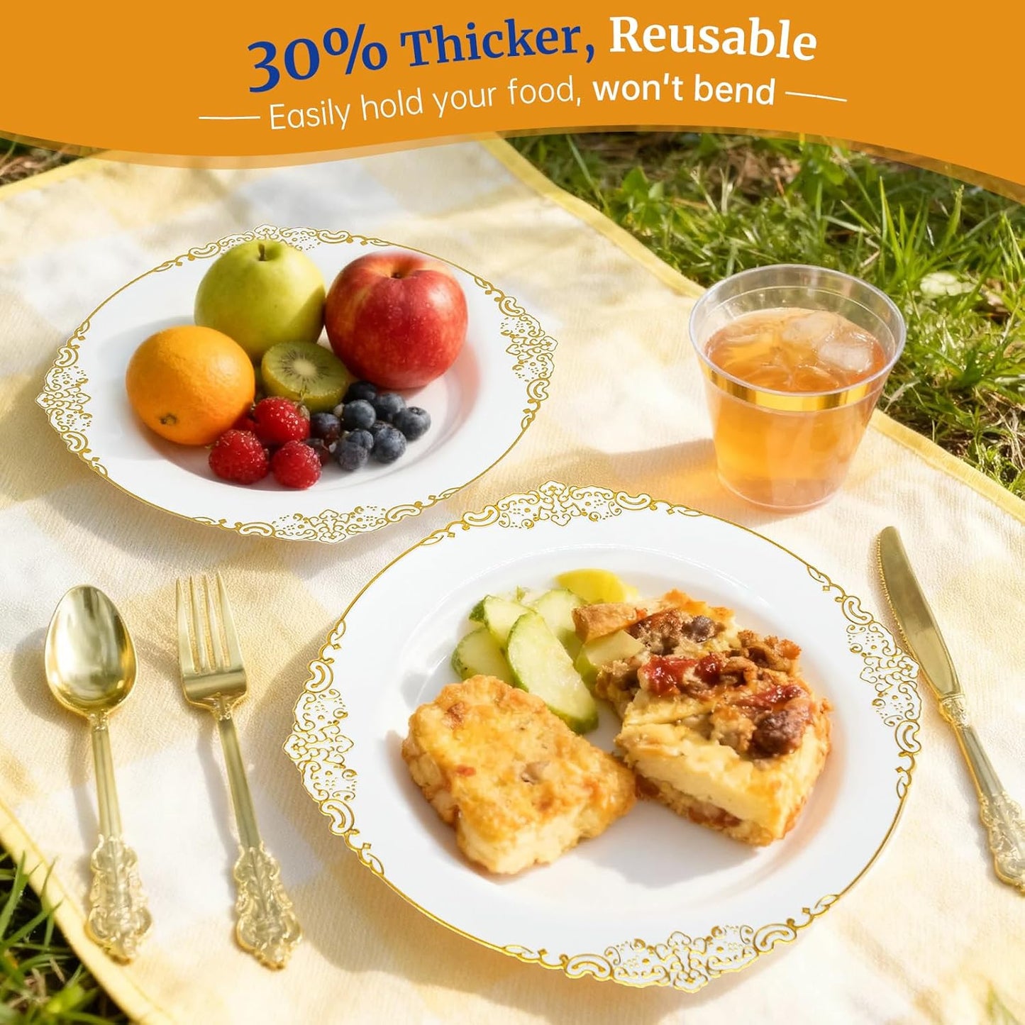 AIRE 175PCS Gold Plastic Plates for Party Supplies Dinnerware Sets for 25 Guests, Disposable Plastic Party Plates, Cups, Spoons, Forks, Knives, Napkins for Wedding Birthday Thanksgiving BBQ Parties