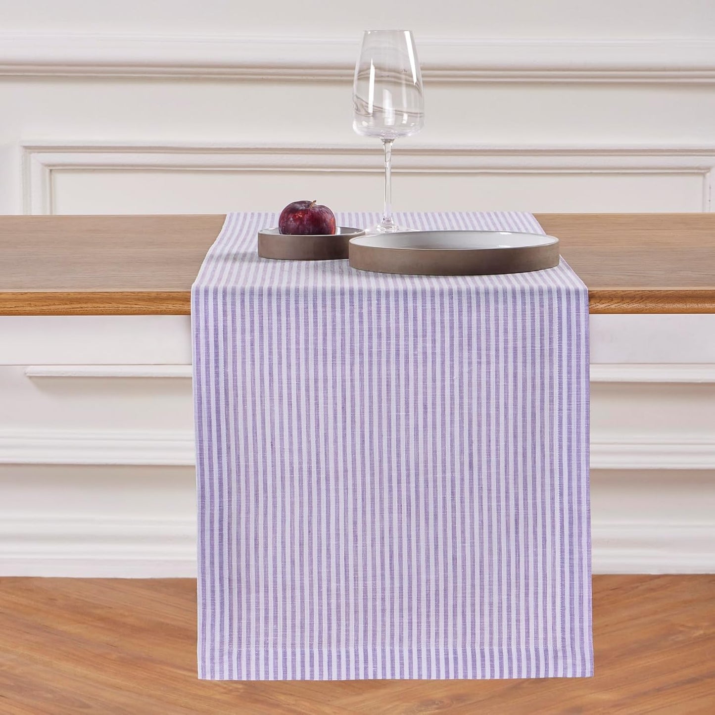 Solino Home Linen Table Runner 90 Inches Long - Narrow Stripe, 100% Pure Linen Lavender and White Farmhouse Table Runner 14 x 90 Inch for Dining, Fall, Autumn, Thanksgiving, Christmas