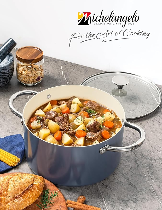 MICHELANGELO 6 QT Ceramic Stock Pot with Lid, Nonstick Stockpot with Glass Lid, Induction Cooking Pot for Soups, Stews, Oven Safe - 6QT, Purple