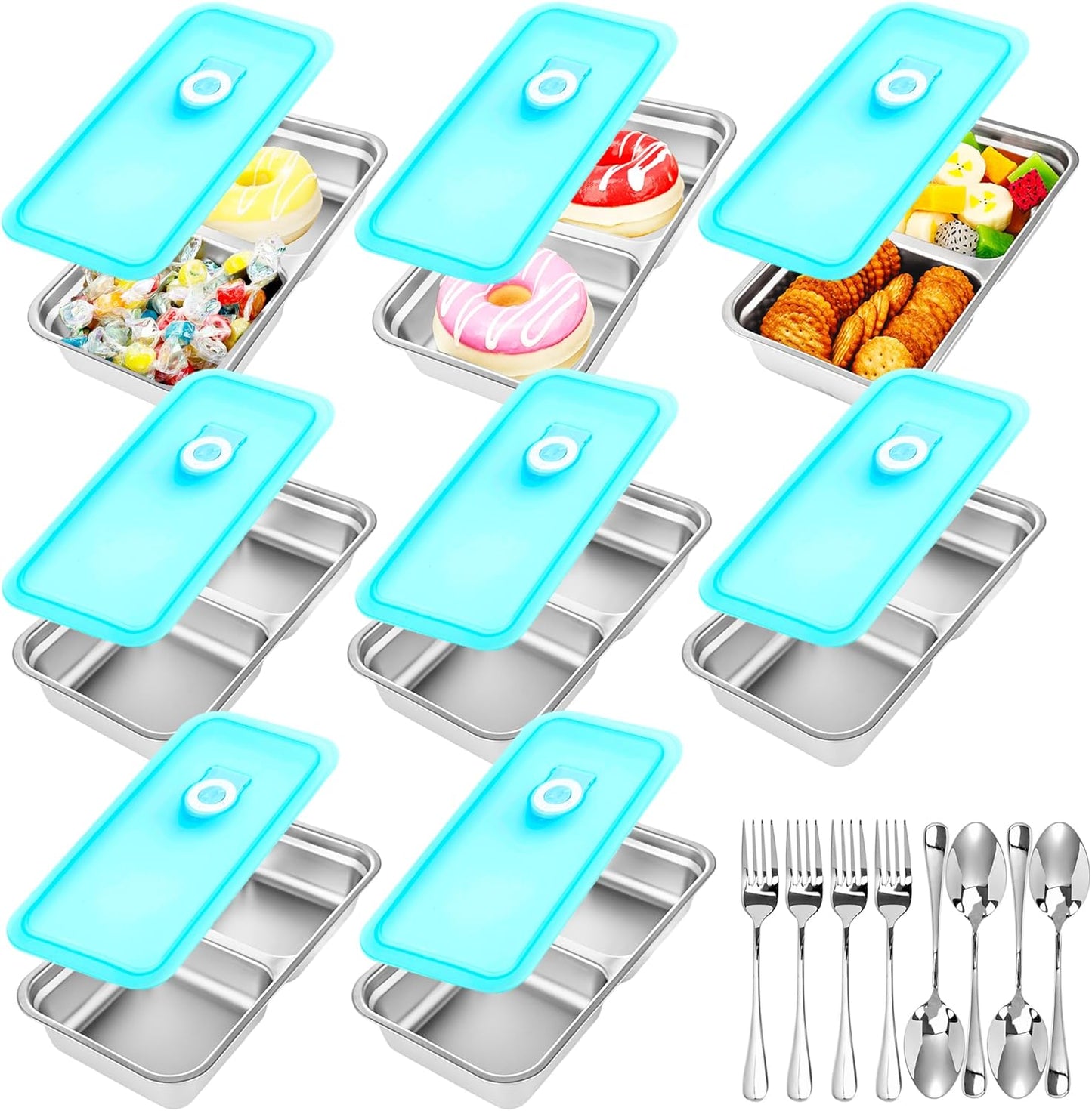 8 Set Stainless Steel Snack Containers with Lids Reusable 2 Compartment Snack Box Spoon Fork for Travel Outing Picnic Fruit Cookies Snacks Waffles Food