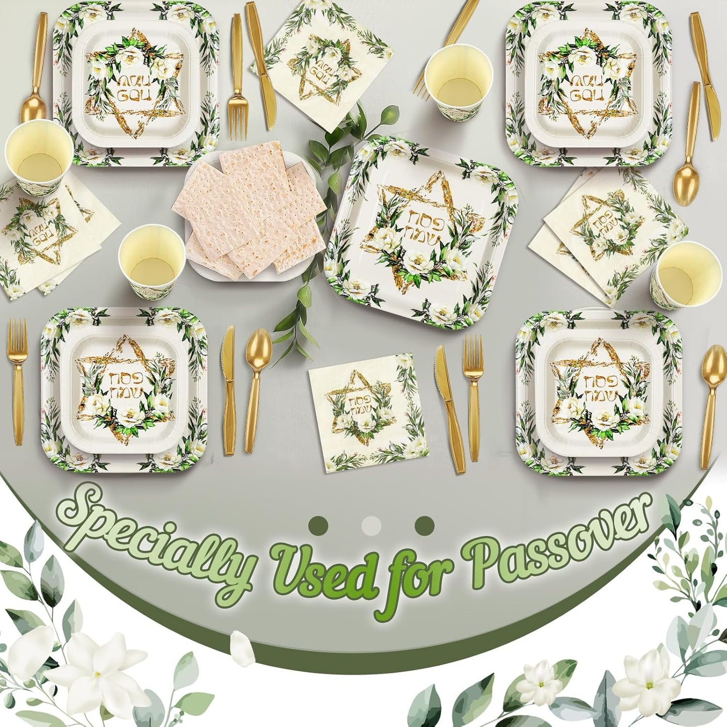 350 Pcs Paper Plates and Napkins Set Disposable Dinnerware Party Supplies Tableware Serve 50 Guest Cups Knife Forks Spoon(Green,Gold,Passover)