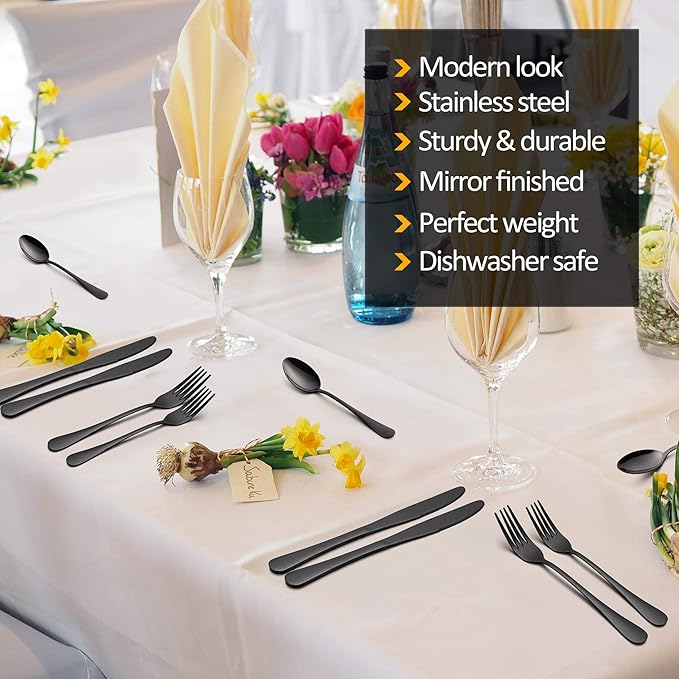 Black Silverware Set, LIANYU 20 Piece Stainless Steel Flatware Cutlery Set for 4, Mirror Finish, Dishwasher Safe