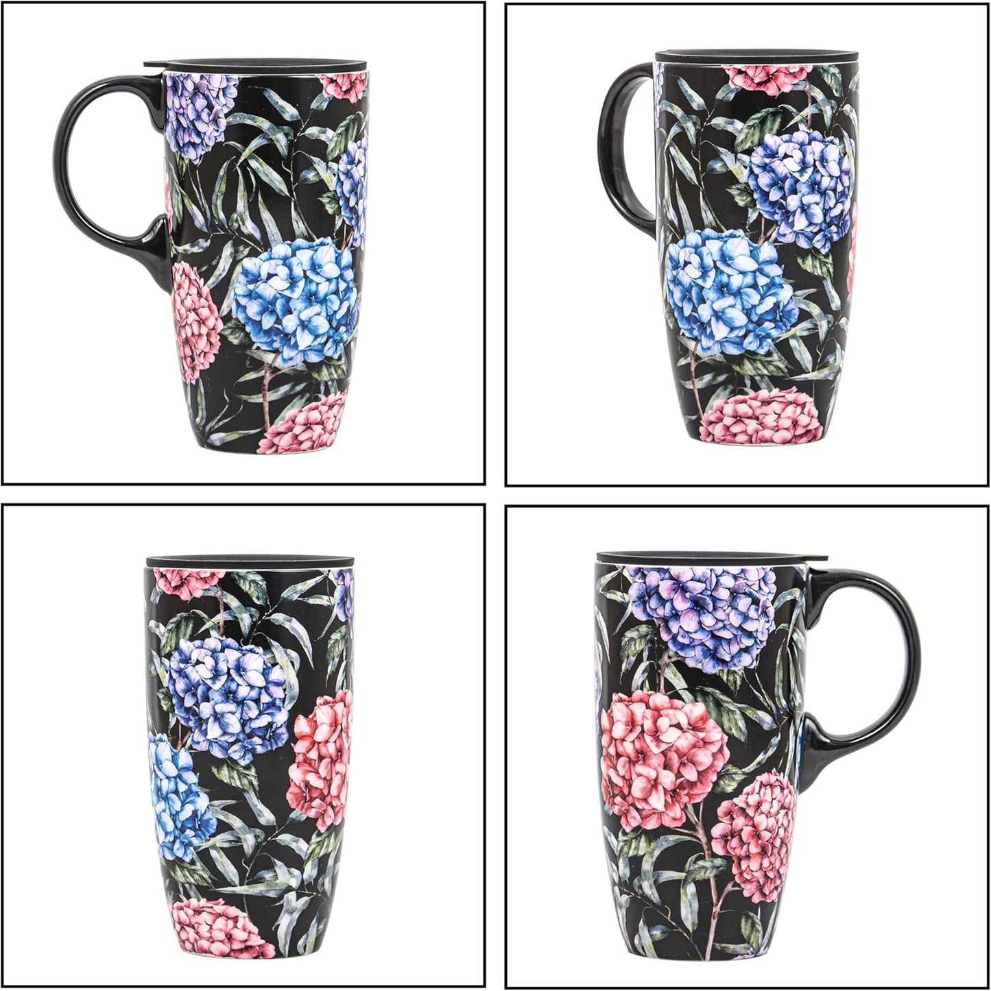 Topadorn Ceramic Coffee Mug Tall Ceramic Cup with Lid and Color Box 17 oz.,Pink and Purple Flowers