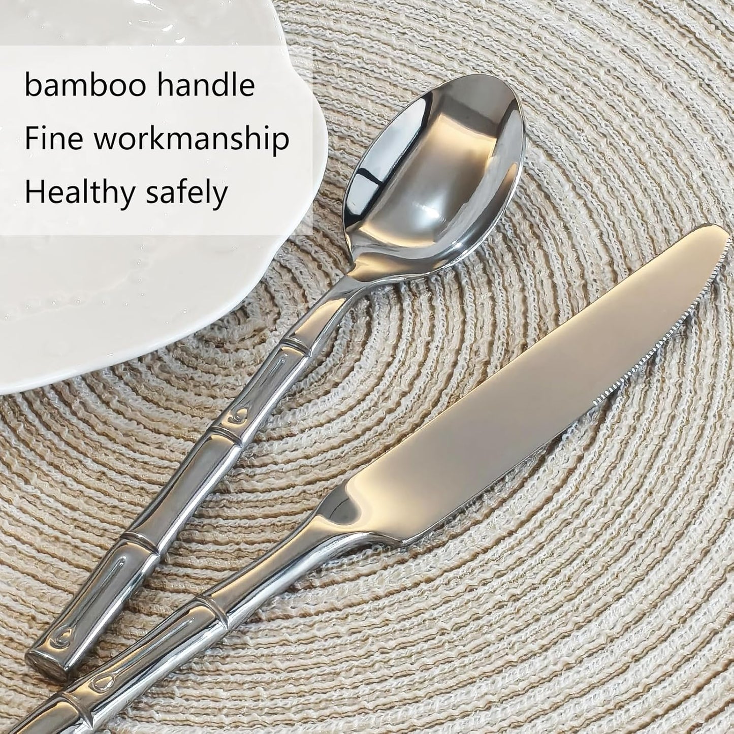 Bamboo 20-Piece Silverware Set, Stainless Steel Flatware Set, Cutlery Set Mirror Polished, Dishwasher Safe, Service for 4