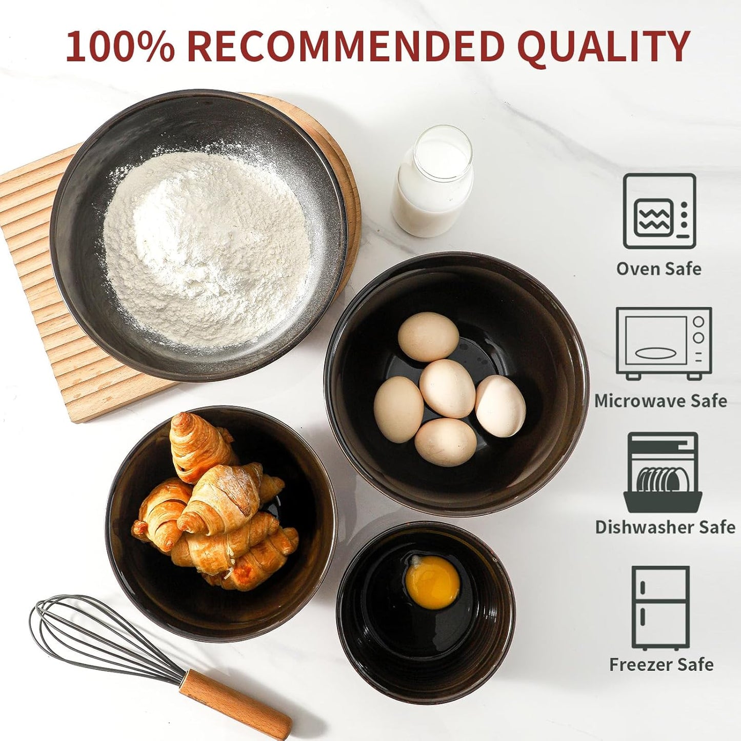 Hasense Mixing Bowls, 2.1/1.5/1.0/0.5 Qt, Nesting Bowls for Cooking, Baking, Ceramic Serving Dishes Set of 4 for Salad, Fruits, Popcorn, Thanksgiving Christmas Gift, Dishwasher & Microwave Safe, Red