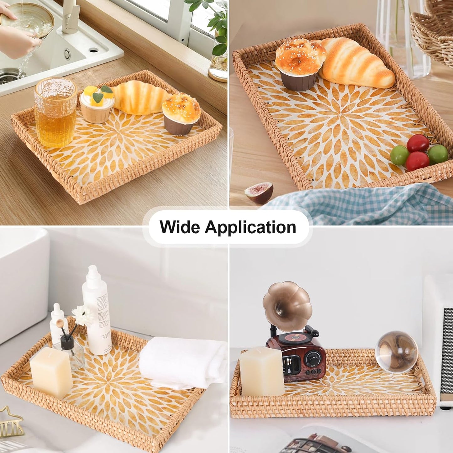 Rectangle Rattan Tray with Mother of Pearl Inlay, Rattan Serving Tray with Handle for Coffee, Bread, Fruits, Snacks, Decorative Wicker Tray for Table Decor (Rectangle Amber Leaf, 13"×9")