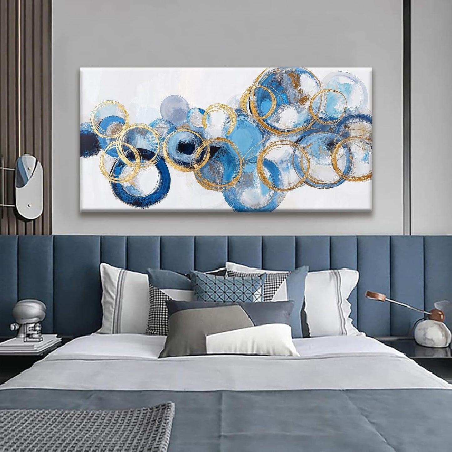 Suconvng Large Abstract Wall Art For Living Room Modern Canvas Decorations Maximalist Blue Gold Circle Canvas Wall Art Decor Prints Artwork Bedroom Kitchen Office Home Wall Artwork 29" × 58"