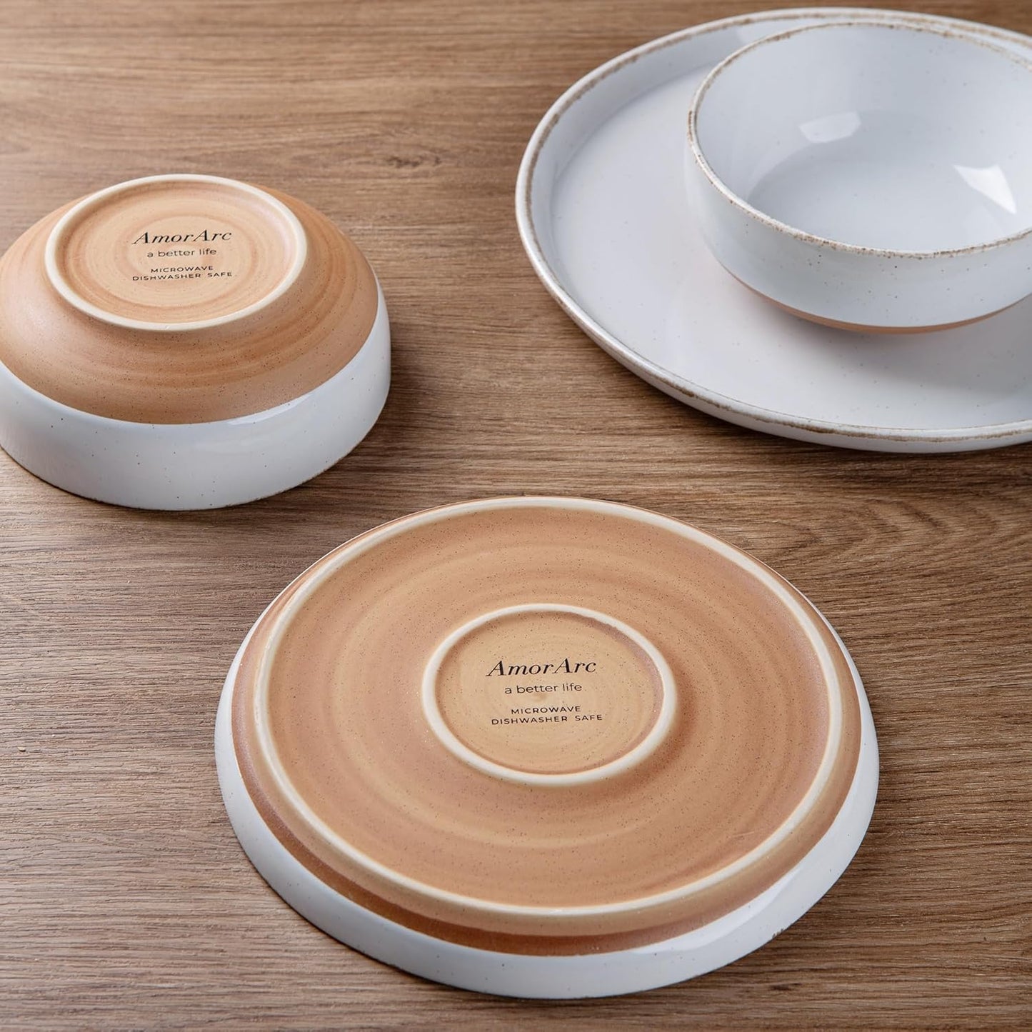 AmorArc 24 Pieces Ceramic Dinnerware Sets for 6, Handpainted Plates and Bowls Set with Rustic Terracotta Underside, Scratch Resistant Stoneware Dishes Set, Dishwasher & Microwave Safe, White