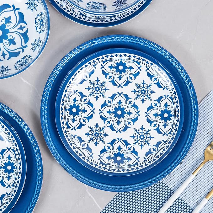 Melamine Dinnerware Set -12pcs Outdoor and Indoor Plates and Bowls Set ,Service for 4, Dishwasher Safe, Blue Flower