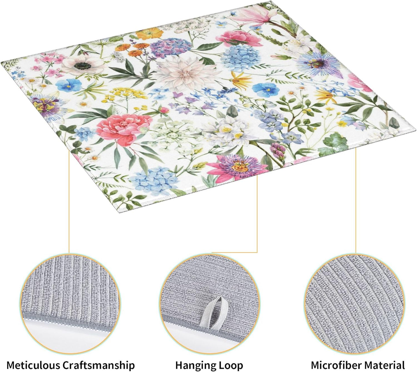 Colorful Flowers Dish Drying Mat for Kitchen Counter, 16"x18" Microfiber Absorbent Fast Dry Mat, 2Pcs Dish Mat Faucet Mats Sets, Large Drying Kitchen Mat Kitchen Drying Pad Coffee Bar Decor Gifts