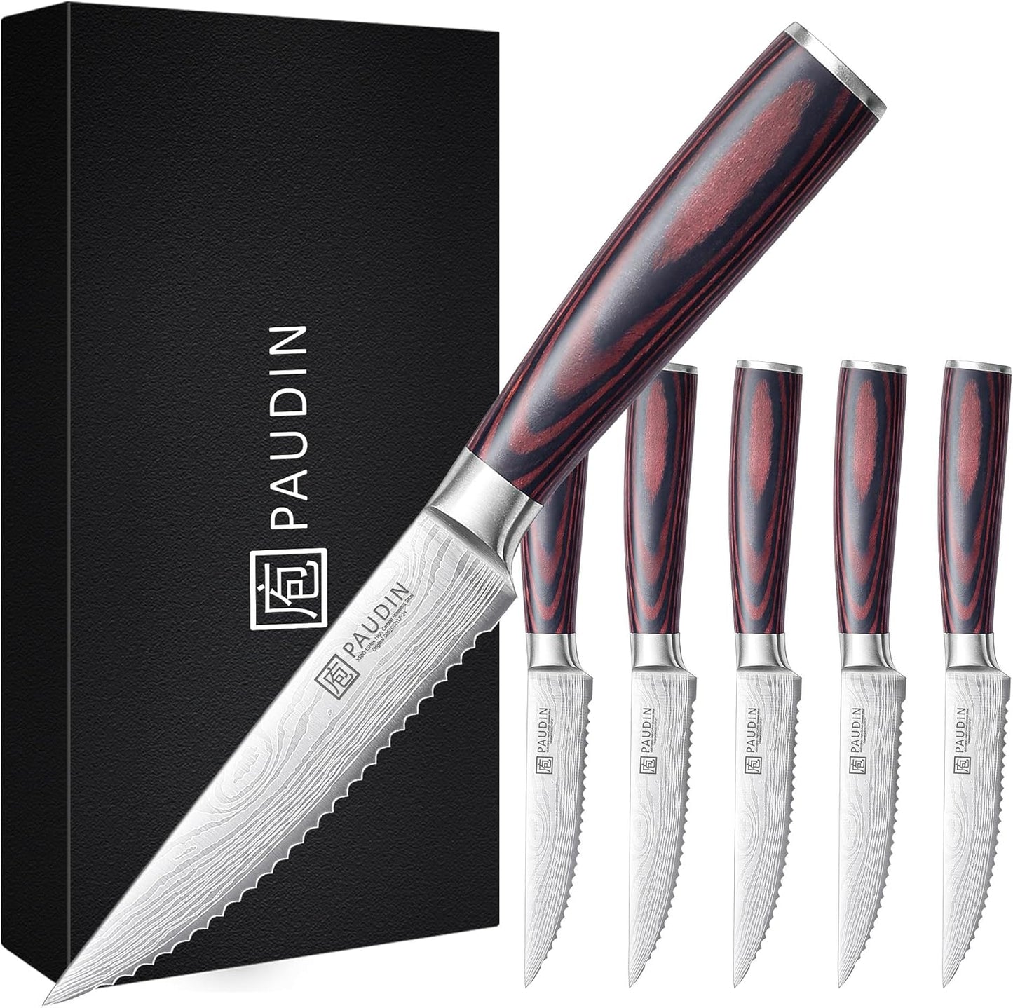 PAUDIN Steak Knives Set of 6, Kitchen Steak Knife 4.5 Inch, High Carbon Stainless Steel Steak Knives, Serrated Steak Knife with Pakkawood Handle, Dinner Knives with Gift Box