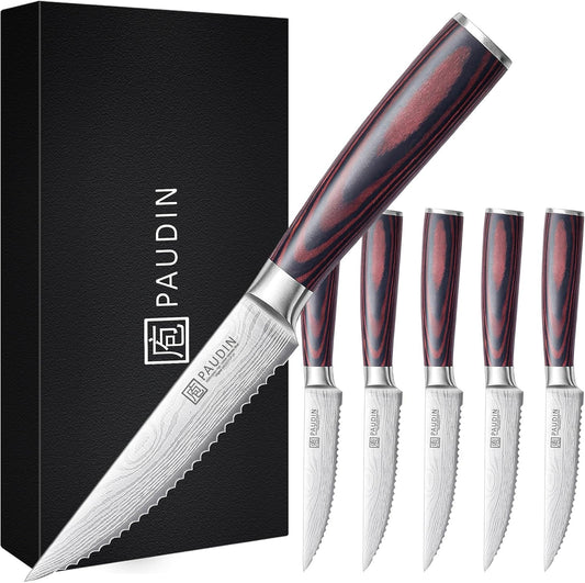 PAUDIN Steak Knives Set of 6, Kitchen Steak Knife 4.5 Inch, High Carbon Stainless Steel Steak Knives, Serrated Steak Knife with Pakkawood Handle, Dinner Knives with Gift Box