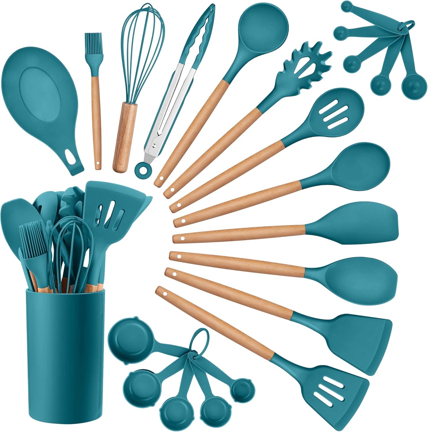 HaWare Kitchen Cooking Utensils Set, 23-Piece Silicone Kitchen Utensils Spatula Set with Holder, Heat Resistant Wooden Handle Kitchen Gadget for Nonstick Cookware, Food-grade Turner Spoon Sets (Blue)