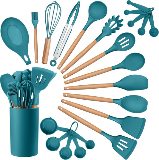 HaWare Kitchen Cooking Utensils Set, 23-Piece Silicone Kitchen Utensils Spatula Set with Holder, Heat Resistant Wooden Handle Kitchen Gadget for Nonstick Cookware, Food-grade Turner Spoon Sets (Blue)