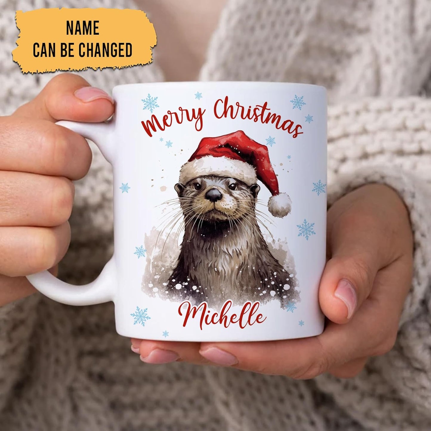 Hyturtle Personalized Gifts Otter Lover - Otter Wearing Santa Hat Custom Name Ceramic Coffee Mug Cup 11oz - Cute Animal Lovers Gifts For Women, Girl kids Family On Birthday, Christmas