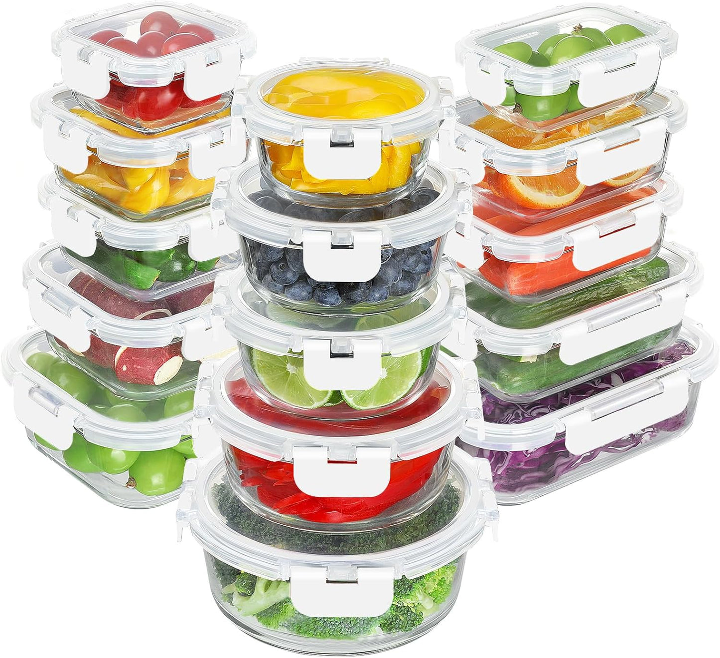 BAYZZ 30 Piece Glass Food Storage Containers Set, Glass Meal Prep Containers with Lids, Airtight Lunch Box, BPA-Free, Microwave, Freezer & Dishwasher Safe,White
