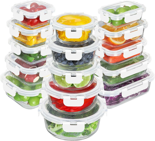 BAYZZ 30 Piece Glass Food Storage Containers Set, Glass Meal Prep Containers with Lids, Airtight Lunch Box, BPA-Free, Microwave, Freezer & Dishwasher Safe,White
