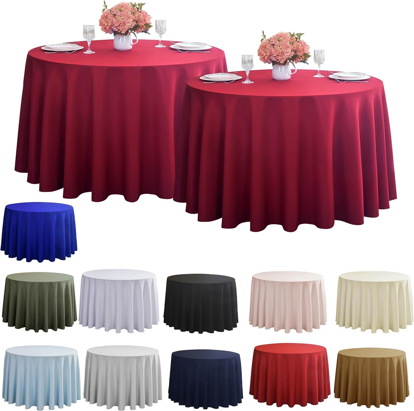 2-Pack Round 108-inch Burgundy Table Cloths, Solid Stain and Wrinkle Resistant Circular Tablecloth, Premium Plain Weave Polyester Fabric Table Linen Covers for Hotel, Banquet