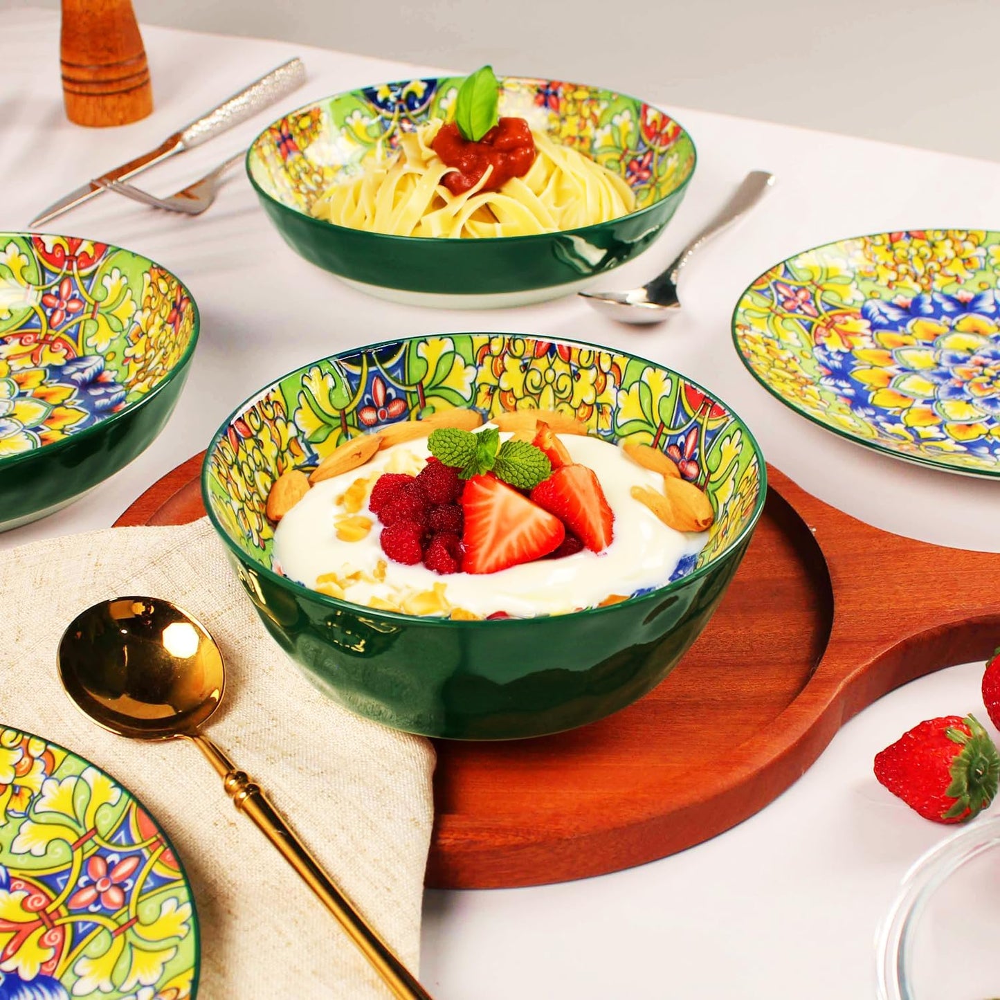 Mandala Dinnerware Sets, Plates and Bowls Set, Porcelain Dishes (12 Pieces) Service for 4, Zanzibar, Bohemian Style Dining Ware, for Kitchen and Dining Multicolor Dinnerware Set