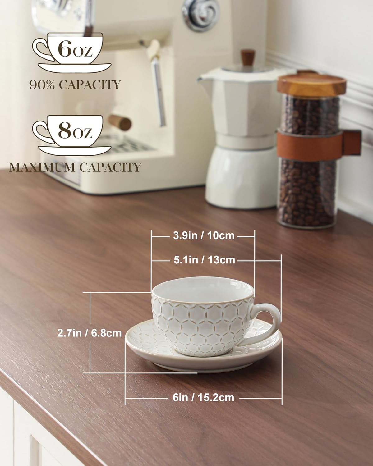 MALACASA 8 OZ Cappuccino Cups with Saucers Set of 4 - Stackable Espresso and Tea Cups, Dishwasher Safe White Ceramic Coffee Mugs for Latte, Cappuccino and Americano