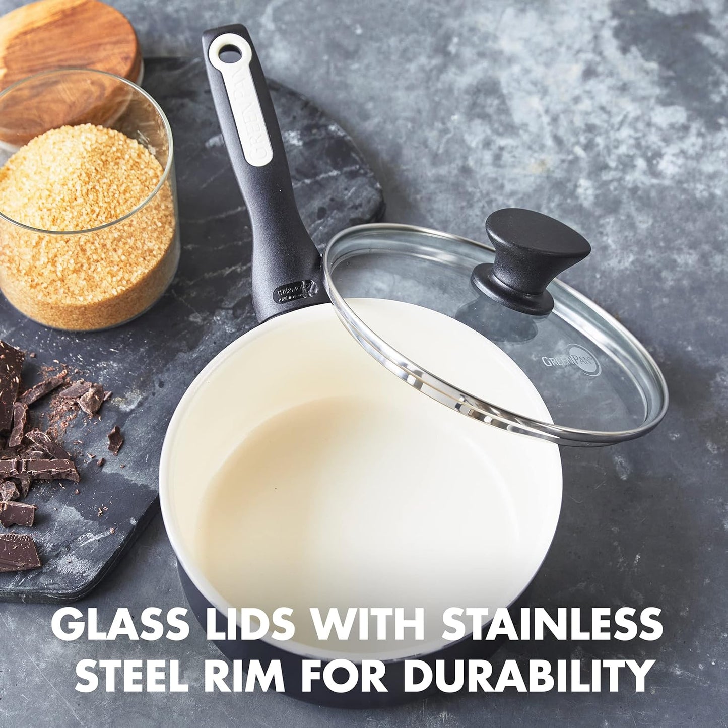 GreenPan Rio Healthy Ceramic Nonstick 2QT Saucepan Pot with Lid, PFAS-Free, Dishwasher Safe, Black