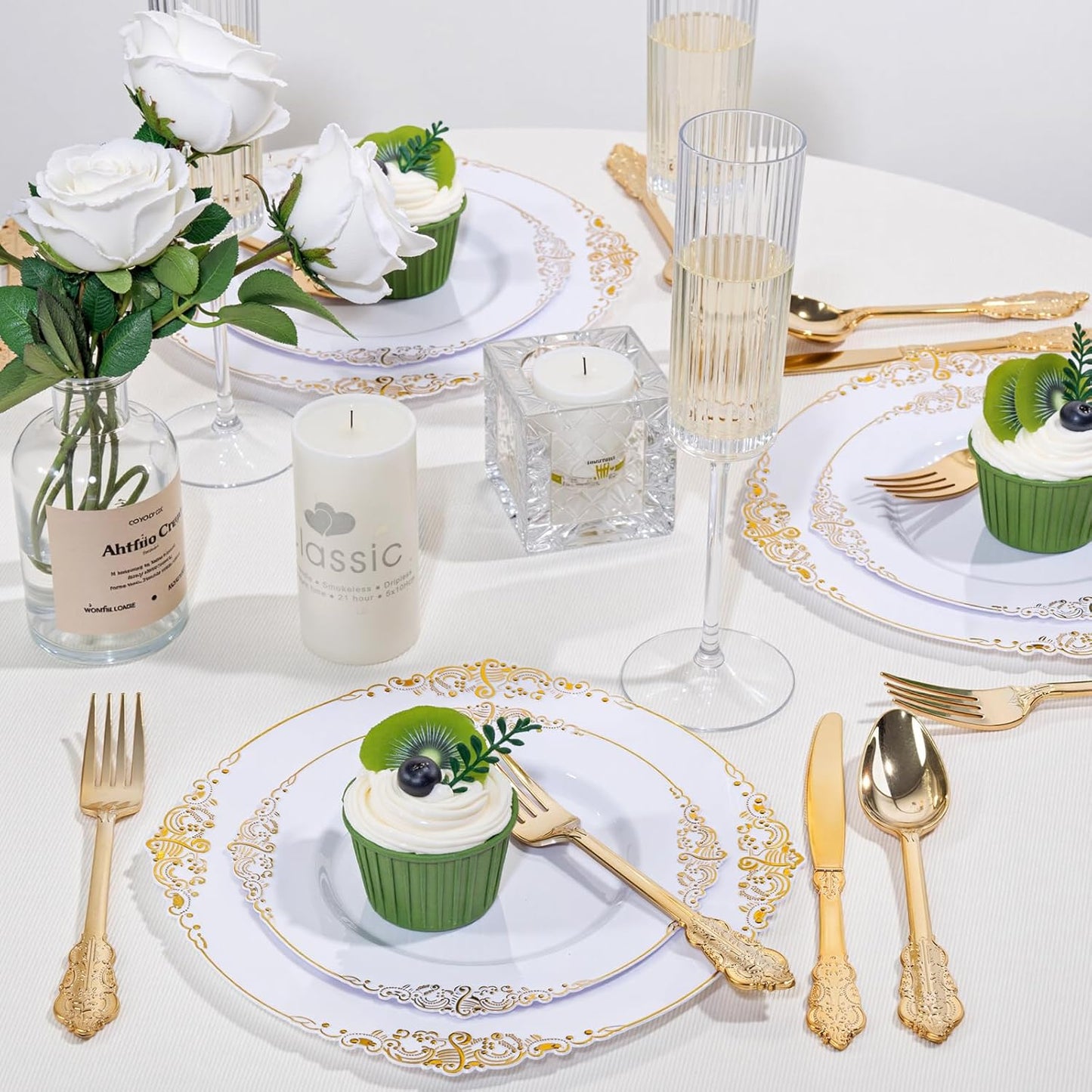 125PCS White and Gold Plastic Plates - Gold Disposable Plates with Plastic Silverware - Vintage Disposable Dinnerware Set for 25 Guests for Christmas Parties, Thanksgiving