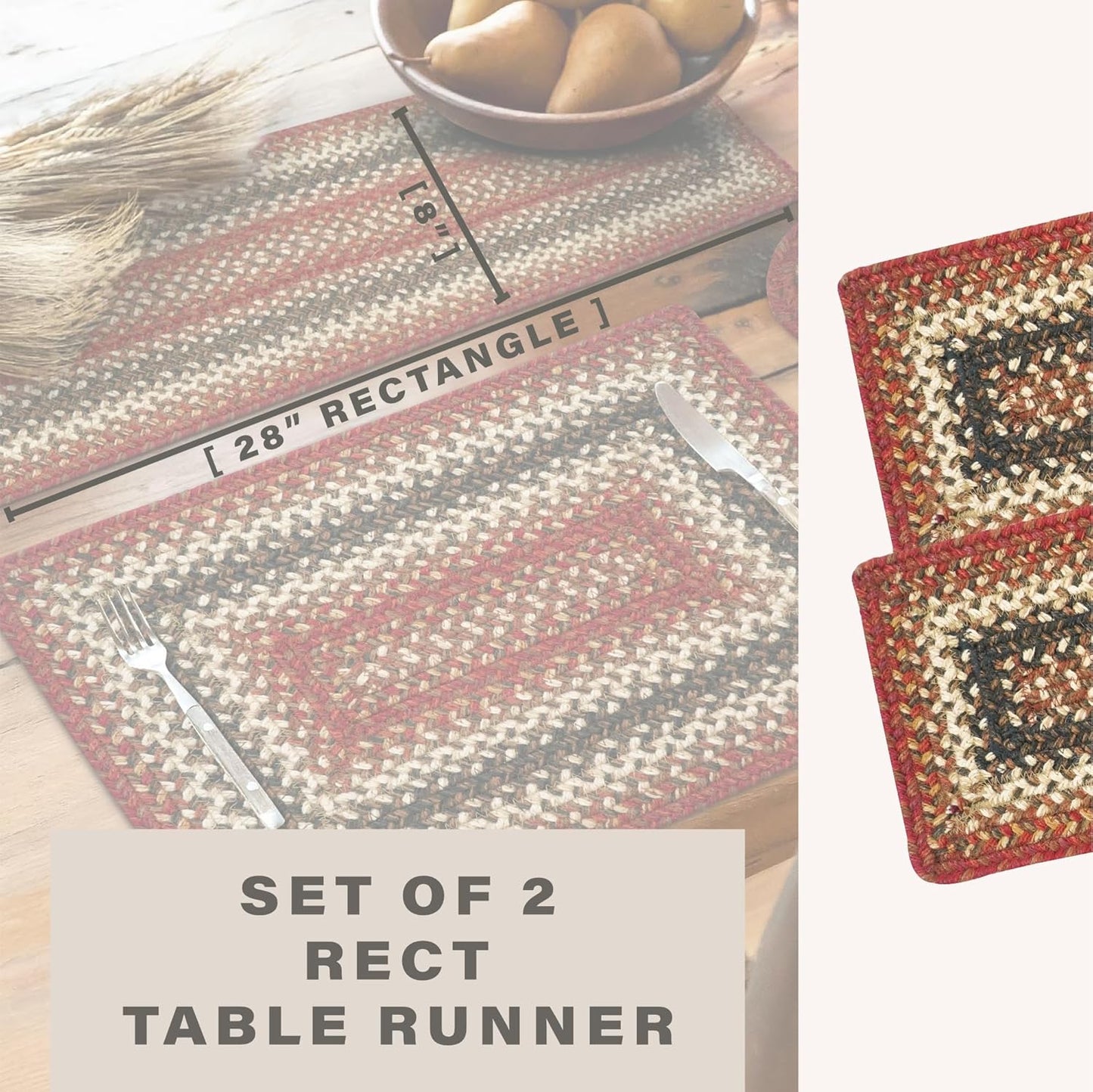 Homespice Chester Jute Braided Dinner Table Runner, Rustic Lodge Decor, Set of 2, Red Rectangle 8x28 - Rich Colors, Easy to Clean, Durable and Protects Furniture