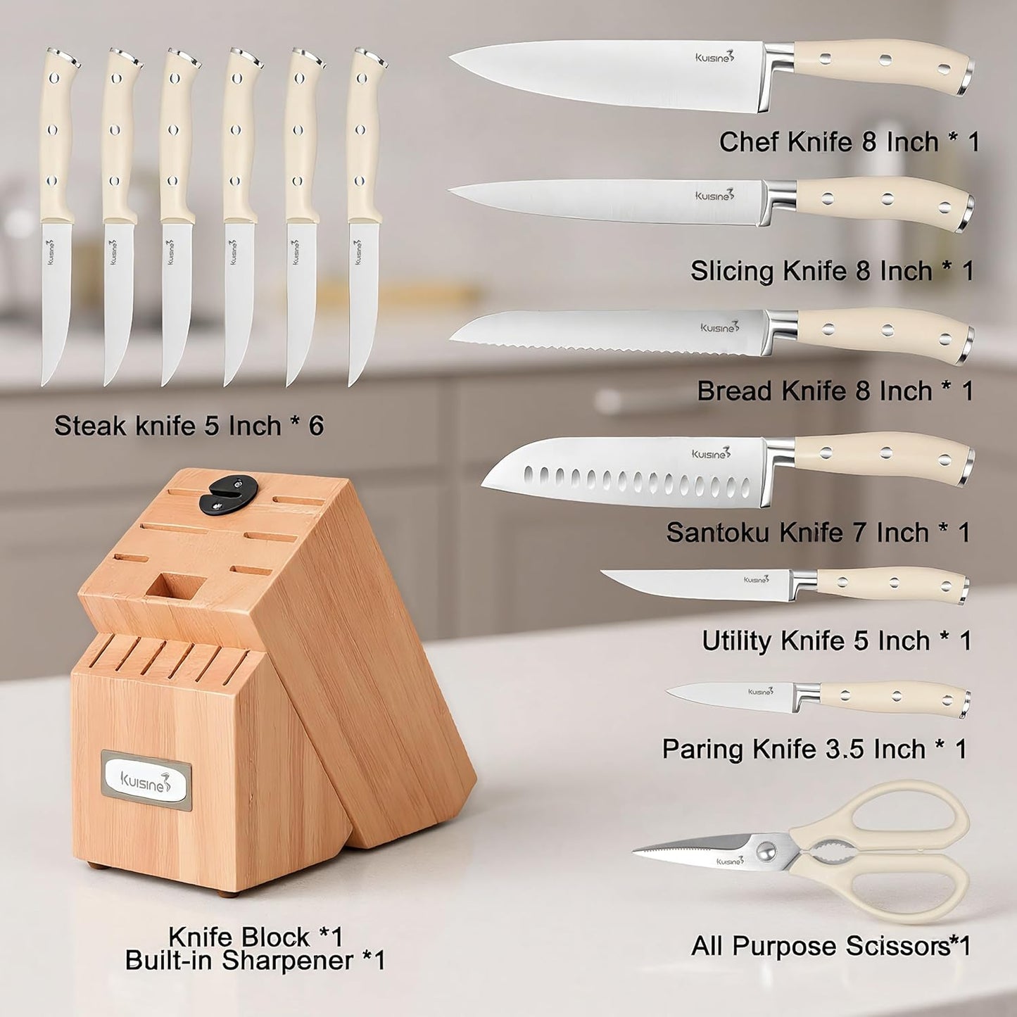 KUISINE Knife Set High Carbon Stainless Steel Ultra Sharp Blade Ergonomic Handle,Knife Block Set with Built-in Sharpener Upgraded(Ivory Acacia,15PCS)
