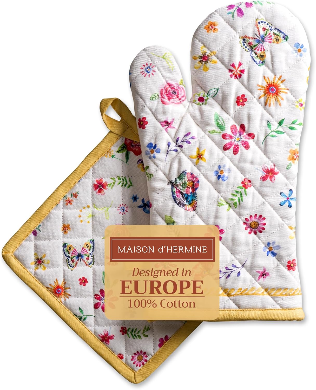 Maison d' Hermine 100% Cotton Oven Mitt & Pot Holder Set (7.5"x13" & 8"x8") Heat Resistant BBQ Cooking Gloves with Loop, Grilling, Kitchen, Handling Hot Pans Spring/Summer (Happy Florals - Sweety)