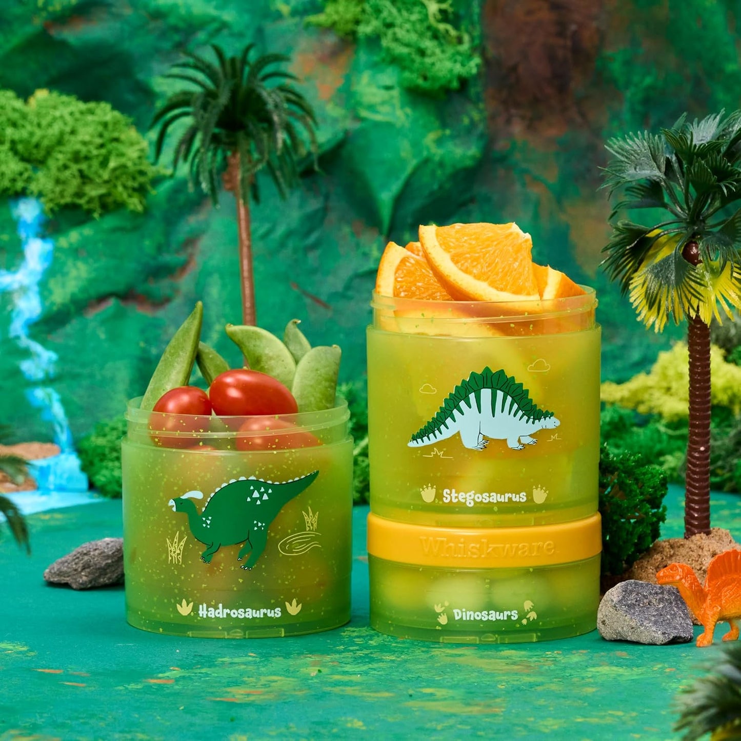 Whiskware Dinosaur Stackable Snack Containers for Kids and Toddlers, 3 Stackable Snack Cups for School and Travel, Green/Orange