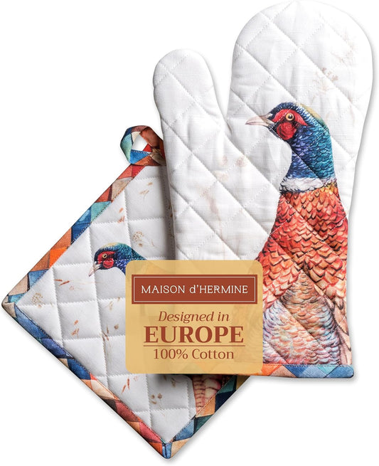 Maison d' Hermine 100% Cotton Oven Mitt & Pot Holder Set (7.5"x13" & 8"x8") Heat Resistant BBQ Cooking Gloves with Loop for Thanksgiving Christmas Decorations Handling Hot Pans (Faisan D'Automne)