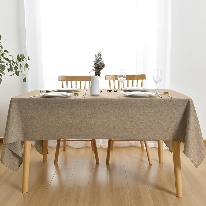 JIUZHEN Faux Linen Farmhouse Tablecloth Rectangular, Wrinkle Stain Resistant Table Cloth Rectangle Table Cover for Kitchen Dining, Holiday Party Dinner, Khaki, 70 x 108 Inch