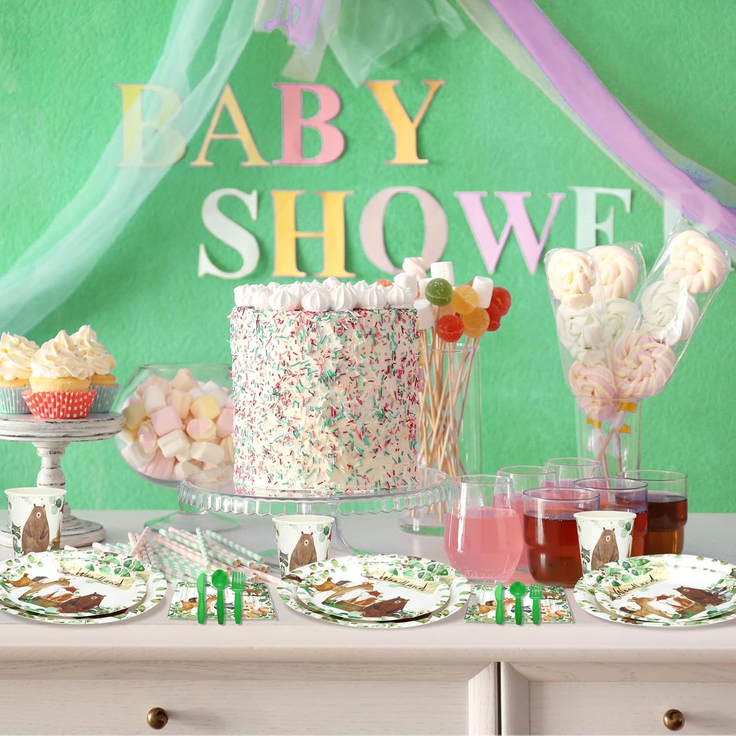 Dandat 350 Pcs Baby Shower Plates Set Baby Shower Party Supplies Serves 50 Tableware Sets Include Plates Napkin Cup Forks Knives Spoons Disposable Dinnerware(Woodland,Green)