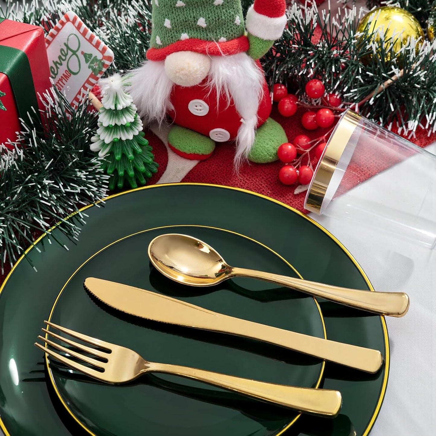 KIRE 350PCS Green Plates Disposable - Heavy Duty Christmas Plates - 50Guest Include Green Plastic Dinnerware - Pro Rolled Napkins with Gold Silverware and Cups for Christmas&Party