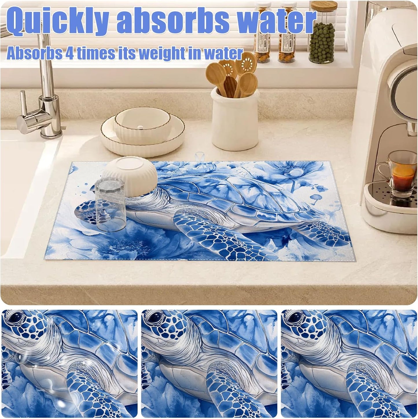 Watercolor Turtle Floral Dish Drying Mat for Kitchen Counter Drying Pad Absorbent Reversible Dish Drainer Rack Mats Draining Pad 18"x24"Inch