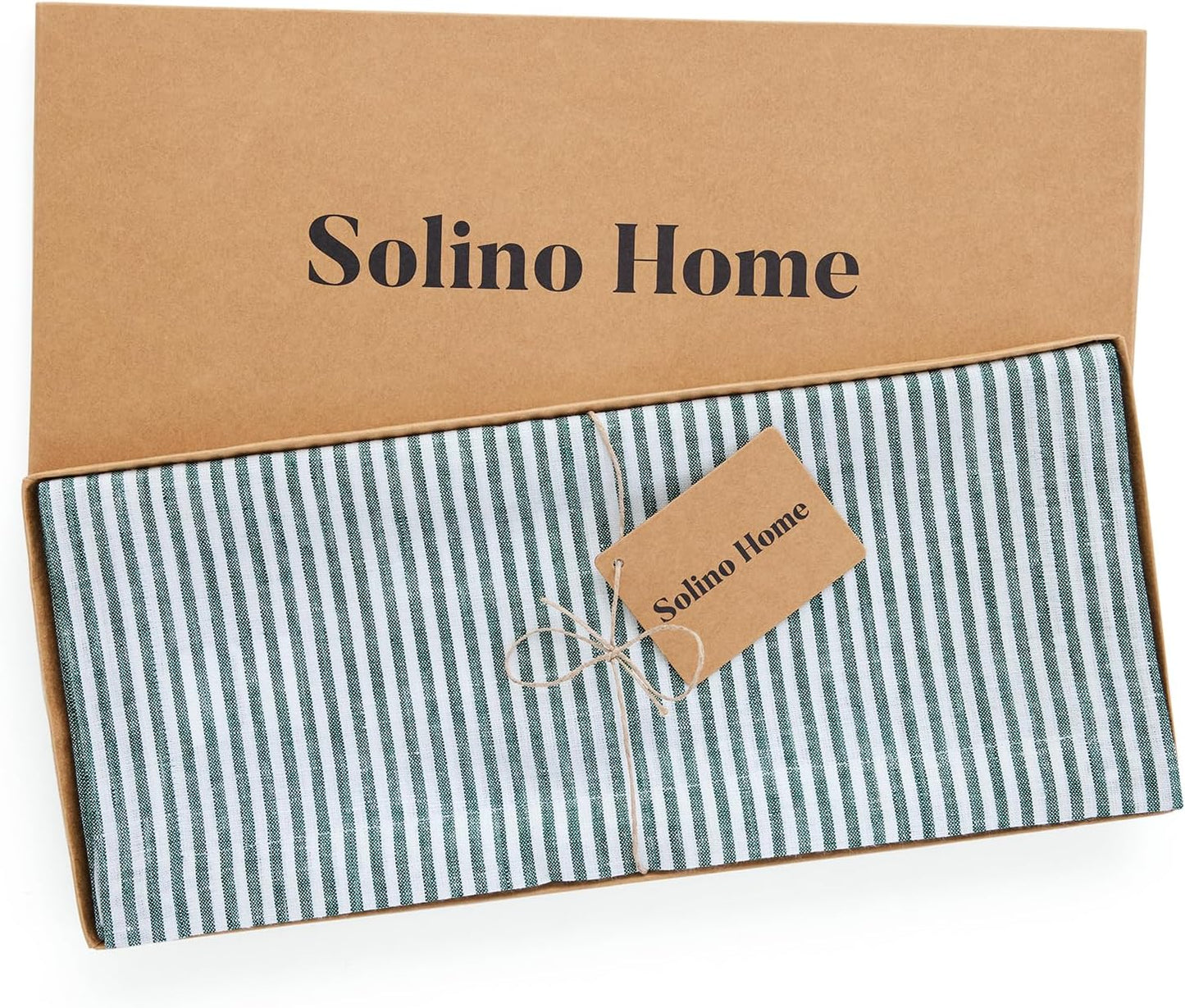 Solino Home Linen Striped Table Runner 108 Inches Long - Narrow Stripe 100% Pure Linen Rainforest and White Dining Table Runner 14 x 108 Inch for Christmas