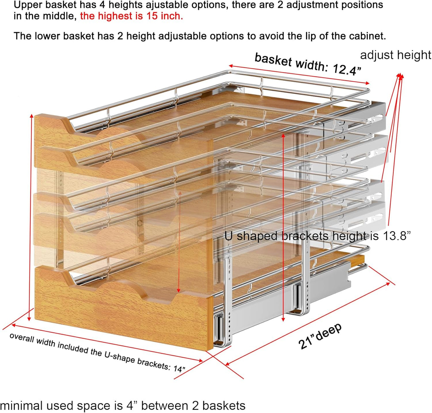 DINDON 2 Tier Pull Out Cabinet Organizer (14" W x 21" D) Slide Out Wood Shelf Double Tier Kitchen Wire Basket with Chrome Finish…