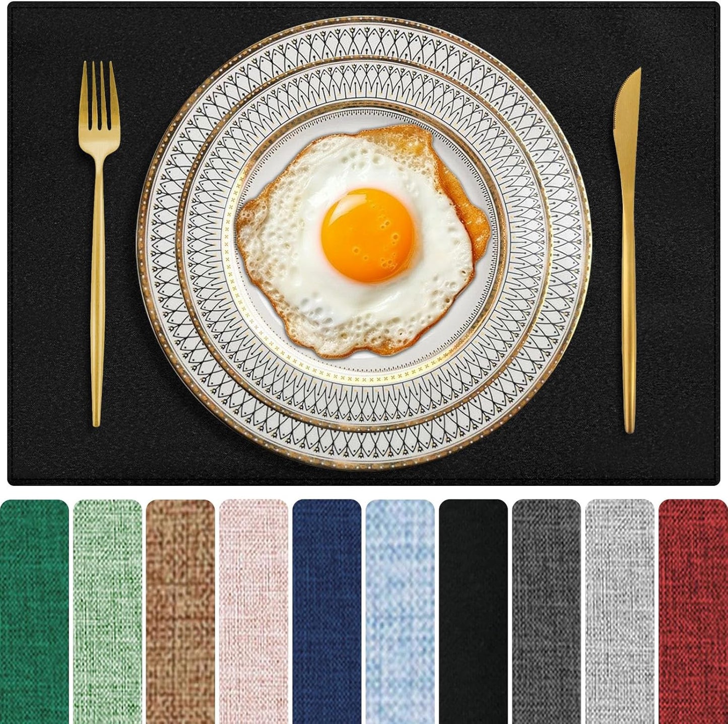 Black Cloth Placemats Set of 6, Cotton Linen Blend Machine Washable Double Layered Place Mats, Heat Resistant Placemats Wrinkle Free Thick Fabric Dining Table Mats for Indoors & Outdoors (Black, 6)