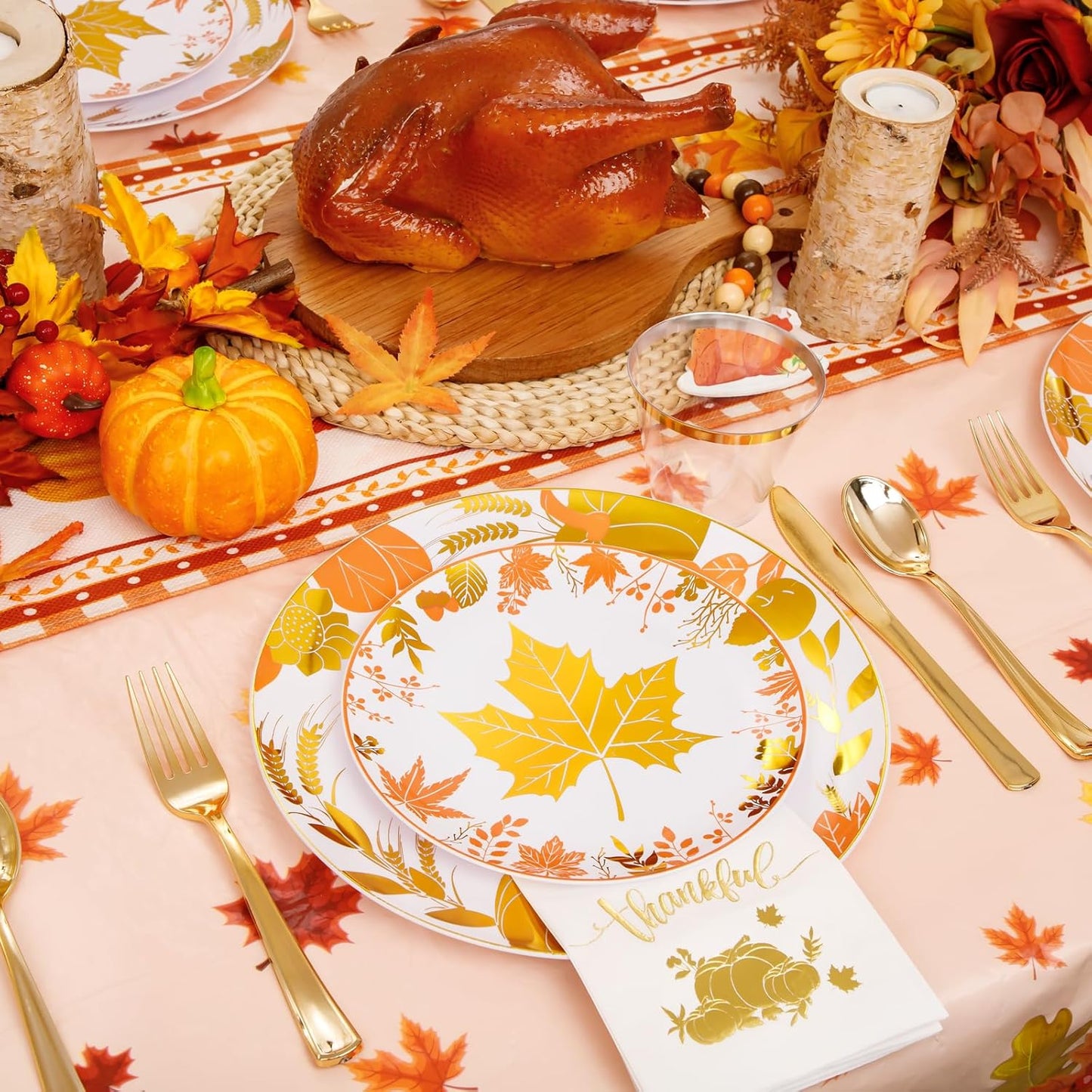 GATHER 176 Pieces Thanksgiving Plates- Disposable Gold Plastic Silverware- Thanksgiving Dinnerware with Maple Leaves Include 50 Plates 75Plastic Silverware 25Cups 25 Napkins and 1 Tablecloth