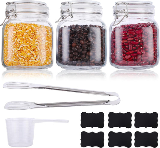 Mason Jars, 3 Pcs 34oz 1000ml Glass Food Storage Containers with Airtight Lids, Flour Sugar Storage Containers Sets for the Kitchen, With Metal Food Tongs & Measuring Cups & Sorting Labels